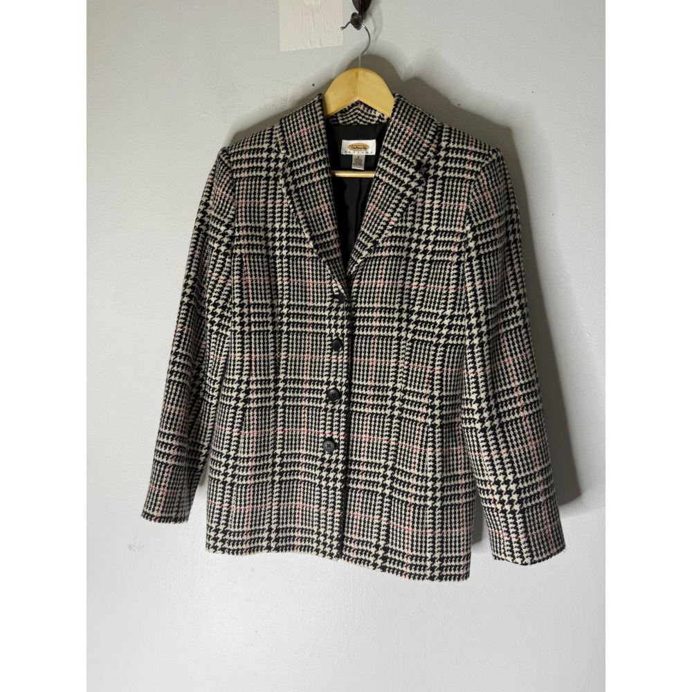 VINTAGE Talbots Petite Houndstooth Preppy Wool Blazer Black White Red Plaid 6P